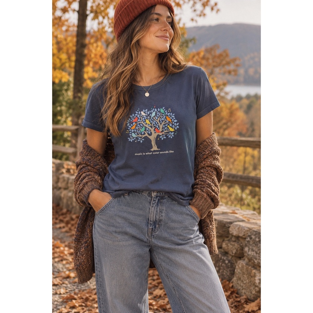 Life is Good Crusher Tee XL Blue Bird Tree Music Is What Color Sounds Like Shirt